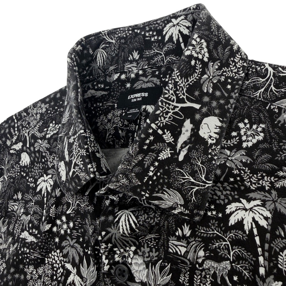 Express Shirt Mens XS Black Jungle Safari Animal Print Slim 1MX Stretch Casual